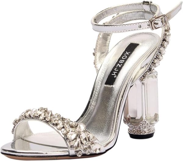 XOBZJH Silver Rhinestone Heeled Sandals